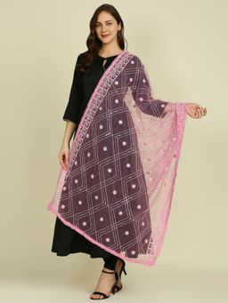 Dupatta Bazaar - Womens Baby Pink Embroidered Net Dupatta with Sequins Work