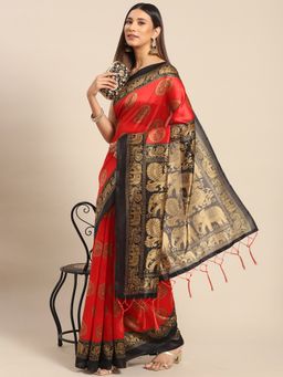 Akhilam - Womens Art Silk Red Woven Designer Saree with Unstitched Blouse