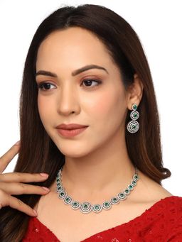 Yellow Chimes - Rhodium-Plated Silver-Toned Green and White AD Studded Jewellery Set