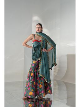 Rizabella - Women's Teal Fringe Kurti with Floral Sharara & Dupatta