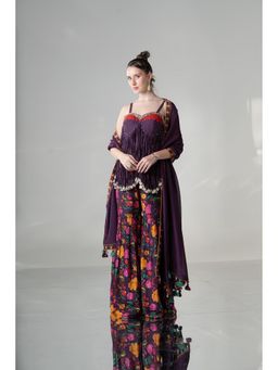 Rizabella - Women's Purple Fringe Kurti with Floral Sharara & Dupatta