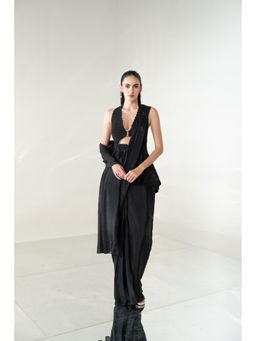 Rizabella - Women's Black Luxe Peplum Pre Drape Saree with Stitched Blouse