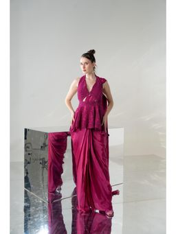 Rizabella - Women's Maroon Luxe Peplum Pre Drape Saree with Stitched Blouse