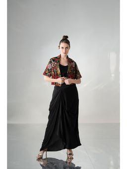 Rizabella - Women's Black Floral Embroidered Jacket with Blouse and Drape Skirt