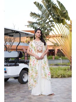 Rizabella - White Floral Embroidered Cape with Blouse and Palazzo