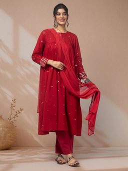 LABEL MAE - Elegant Red Mirror Work Kurta with Pant and Dupatta