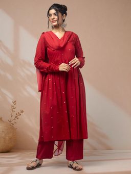 LABEL MAE - Elegant Red Mirror Work Kurta with Pant and Dupatta