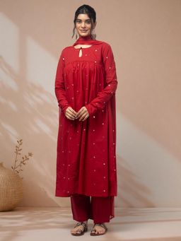 LABEL MAE - Elegant Red Mirror Work Kurta with Pant and Dupatta
