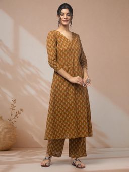 LABEL MAE - Mustard Printed A-Line Kurta with Palazzo