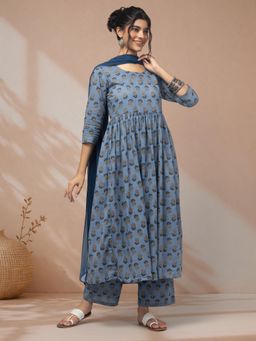 LABEL MAE - Blue Printed Anarkali Kurta with Pant & Dupatta