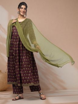 LABEL MAE - Elegant Purple Printed Anarkali Kurta with Pant & Dupatta