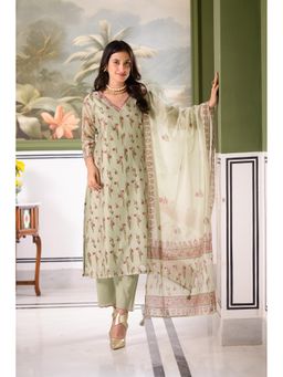 Mahee Jaipur - Green Daisy Floral Print Kurta with Pant & Dupatta
