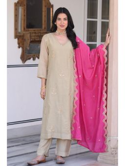 Mahee Jaipur - Beige Mul Chanderi Marodi Kurta with Pant & Dupatta