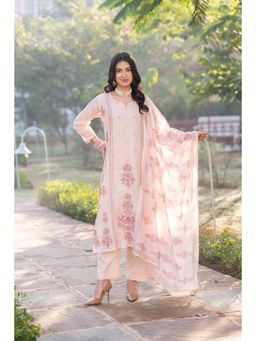 Mahee Jaipur - Blush Pink Block Print Chanderi Kurta with Pant & Dupatta