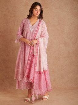 SHAABA CLOTHING - Pink Embroidered Block Printed Cotton V-Neck Kurta with Palazzo & Dupatta