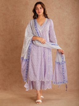 SHAABA CLOTHING - Purple Embroidered Block Printed Cotton V-Neck Kurta with Palazzo & Dupatta