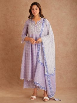 SHAABA CLOTHING - Purple Embroidered Block Printed Cotton Kurta with Palazzo & Dupatta