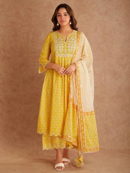 SHAABA CLOTHING - Yellow Embroidered Block Printed Cotton Kurta with Palazzo & Dupatta