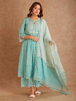 SHAABA CLOTHING - Blue Embroidered Block Printed Cotton Kurta with Palazzo & Dupatta