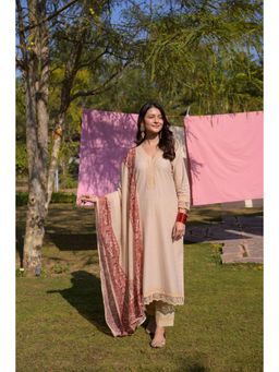 Mahee Jaipur - Beige Dobby Cotton Lace Work Kurta with Pant & Dupatta