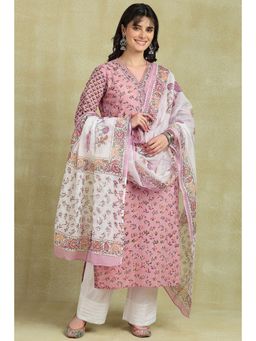 TAHILIYA - Peach-White Sanganeri Hand Block Printed Kota Doria Dupatta