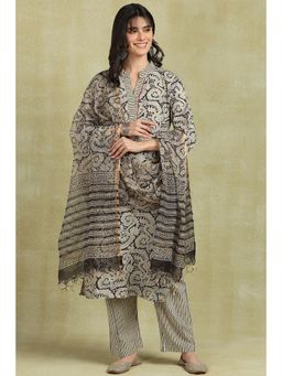 TAHILIYA - Beige-Black Daboo Hand Block Printed Kota Doria Dupatta