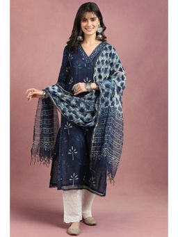TAHILIYA - Blue Daboo Hand Block Printed Kota Doria Dupatta