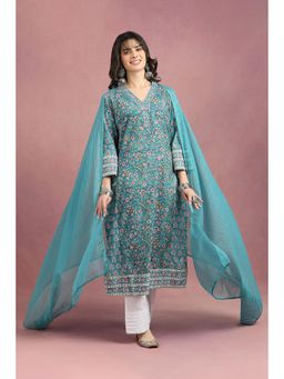 TAHILIYA - Teal Blue Sanganeri Solid Kota Doria Dupatta