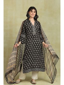 TAHILIYA - Black-Beige Daboo Hand Block Printed Kota Doria Dupatta