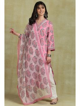 TAHILIYA - Pink-White Sanganeri Hand Block Printed Kota Doria Dupatta