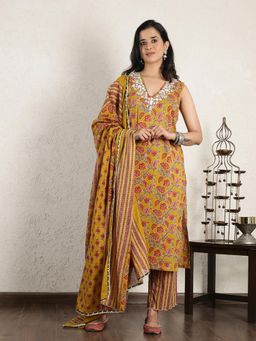 Spring Soul - Yellow Block Printed Embroidered Kurta and Pant with Dupatta