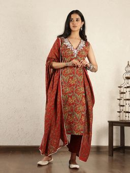 Spring Soul - Red Block Printed Embroidered Kurta and Pant with Dupatta