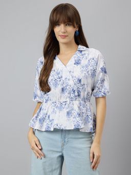 Latin Quarters - Women Blue V-Neck Short Sleeves Printed Top For Casual Wear
