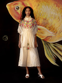CHANDRIMA - Ivory Smocked Applique And Beadwork Kaftan