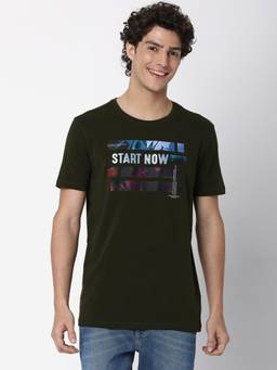 Spykar - Rifle Green Cotton Half Sleeve Printed Casual T-Shirt for Men
