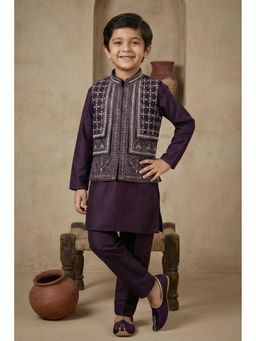 Lagorii - Wine Cotton Embroidered Kurta With Pyjama & Jacket
