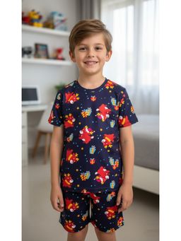 Ninos Dreams - Navy Blue Cotton Printed T-Shirt With Shorts