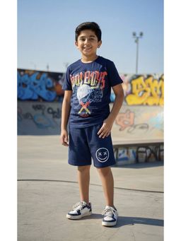 Ninos Dreams - Navy Blue Cotton Printed T-Shirt With Shorts