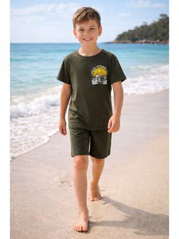 Ninos Dreams - Olive Cotton Printed T-Shirt With Shorts