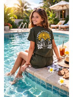 Ninos Dreams - Olive Cotton Printed T-Shirt With Shorts