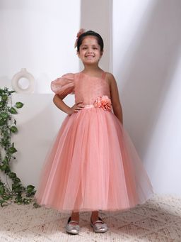 Toy Balloon Kids - Peach Satin Self Design Dress