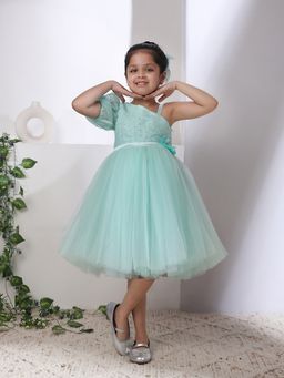 Toy Balloon Kids - Green Satin Self Design Dress