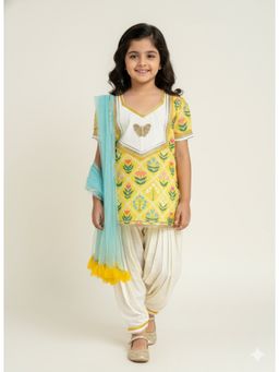 THE WISHING CLOSET - Yellow Cotton Floral Kurti With Salwar & Dupatta