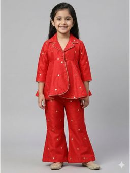 THE WISHING CLOSET - Red Raw Silk Embroidered Top With Pant