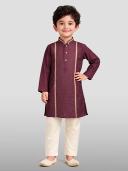 Vastramay - Wine Silk Blend Embroidered Kurta With Pyjama