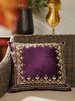 Pure Home + Living - Purple Zari Embroidered Velvet Square Cushion Cover