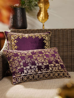 Pure Home + Living - Purple Zari Embroidered Velvet Rectangle Cushion Cover
