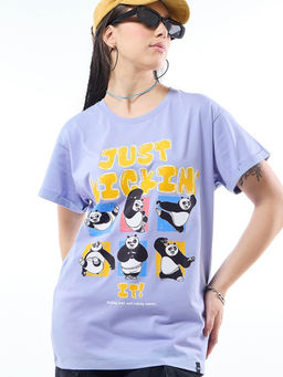Bewakoof - Kung Fu Panda Women's Baby Lavender Just Kickinit Graphic Printed Boyfriend T-shirt