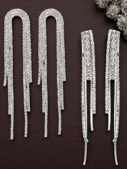 OOMPH - Combo of 2 Silver Crystal Tassel Long Drop Earrings For Women and Girls (Pack of 2)