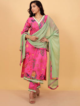 HANDME - Floral Cotton Kurta & Bottoms with Dupatta Ensemble (Set of 3)